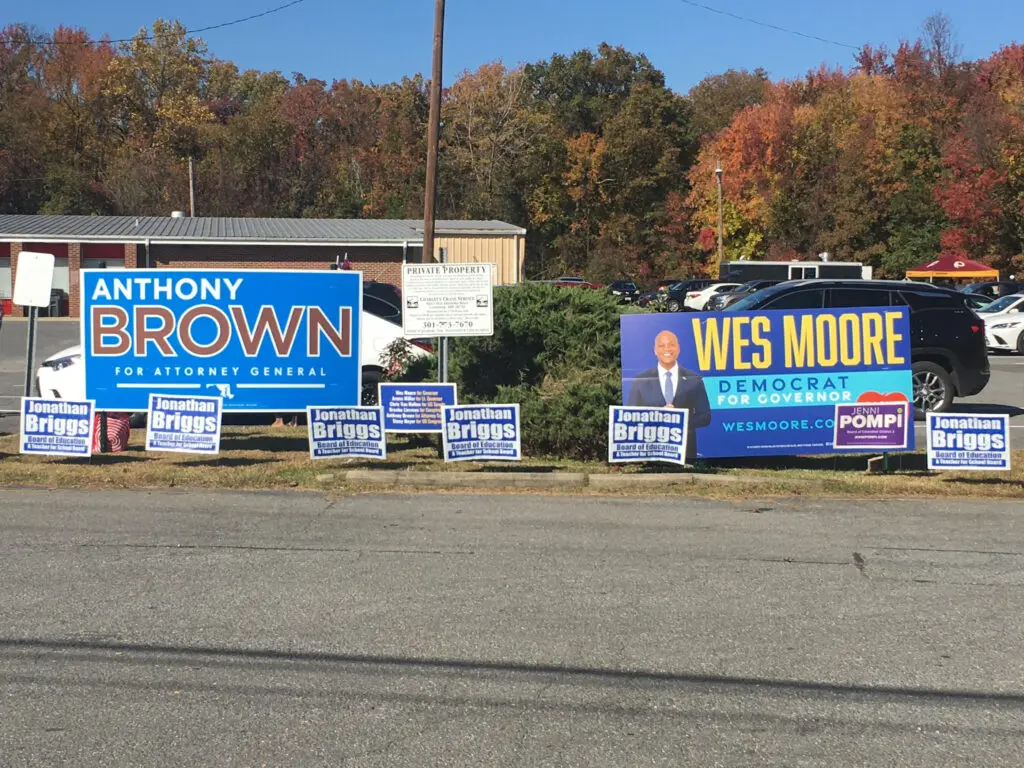 A row of political signs on the side of a road.