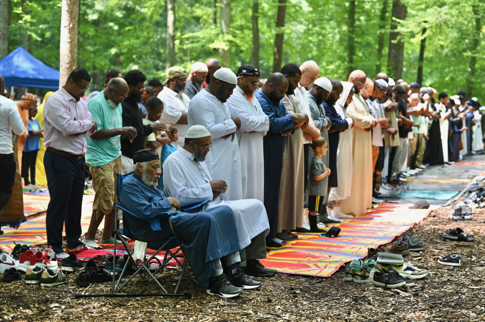 A group of people standing around in the woods.