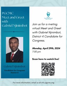 Promotional poster for a meetup event featuring gabriel njinimbot, a district 4 congressional candidate, scheduled for april 29, 2024, with a qr code to join live.