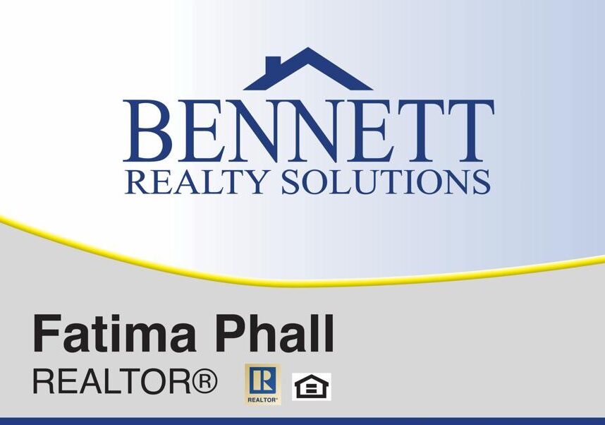 Business card for bennett realty solutions featuring realtor fatima phall with contact information, an email address, and an image of a residential home at dusk.