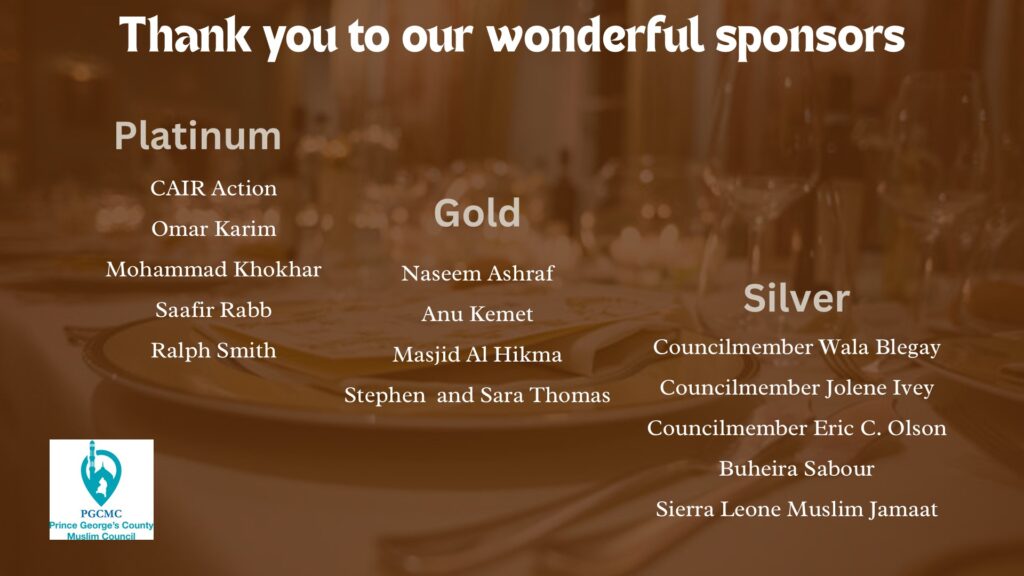 List of sponsors in three categories: Platinum, Gold, Silver. Background shows a blurred dining table setting with the logo of Prince George's County Muslim Council.