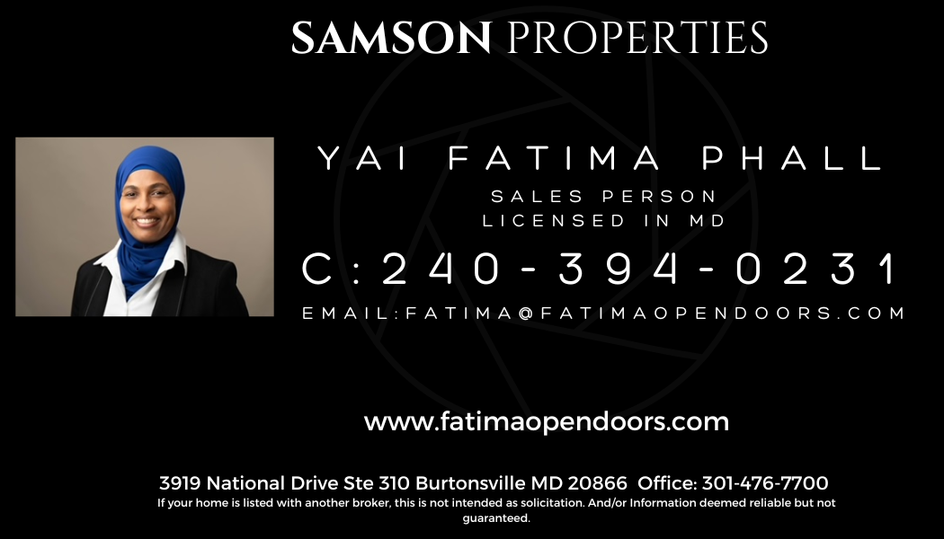 Business card for Yai Fatima Phall, a sales person licensed in Maryland at Samson Properties, with contact details and company address displayed.
