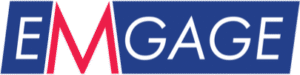 Emgage Logo Logo with the word "EMGAGE" in uppercase letters; "EM" is in red and the rest is in white on a blue background.
