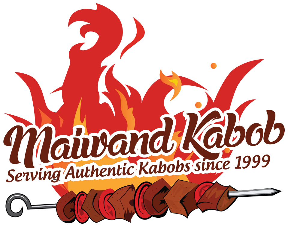 Maiwand Kabob Logo Logo for Maiwand Kabob featuring flames, a skewer of kabobs, and text: "Serving Authentic Kabobs since 1999.