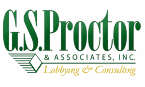 Logo for G.S. Proctor & Associates, Inc. with green and yellow text stating "Lobbying & Consulting" and a geometric design on the left.