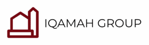 Logo for IQAMAH GROUP featuring a minimalist outline of two buildings in maroon on the left, with the company name in black uppercase text on the right.