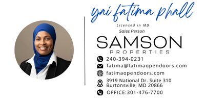 Business card for Yai Fatima Phall, licensed MD salesperson at Samson Properties, with contact details, office address, and a headshot of a smiling woman in a blue hijab and black blazer.